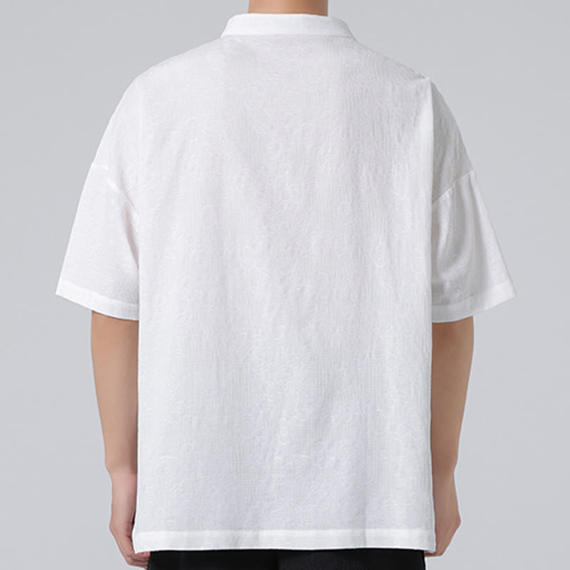 Chemise à manches courtes en coton et lin pour homme, motif floral jacquard, motif Buddha Stones, couleur pure et rétro - image 17