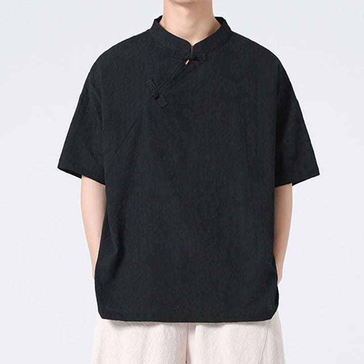 Chemise à manches courtes en coton et lin pour homme, motif floral jacquard, motif Buddha Stones, couleur pure et rétro - image 28