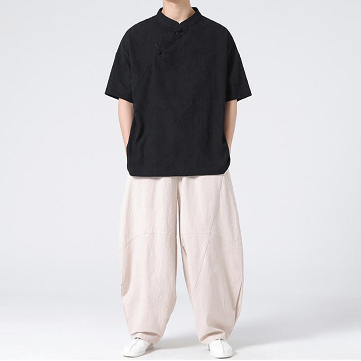 Chemise à manches courtes en coton et lin pour homme, motif floral jacquard, motif Buddha Stones, couleur pure et rétro - image 33