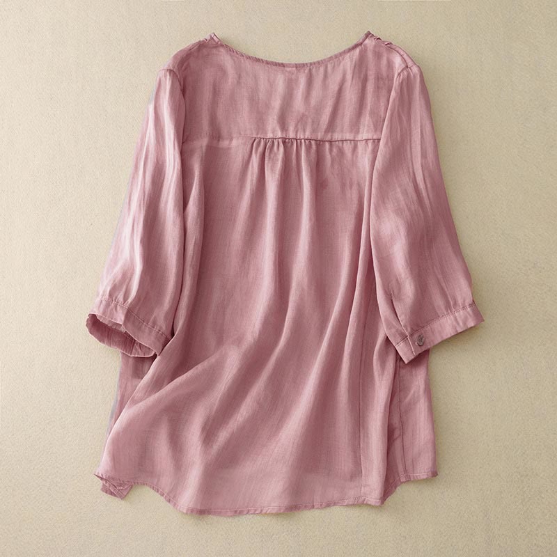 Chemise décontractée à manches mi-longues et col en V pour femme avec broderies de feuilles de saule et Buddha Stones - image 1