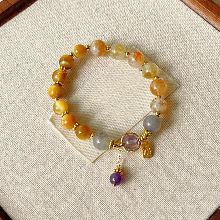 Bracelet de prospérité en Buddha Stones, citrine naturelle, œil de tigre, caractère Fu