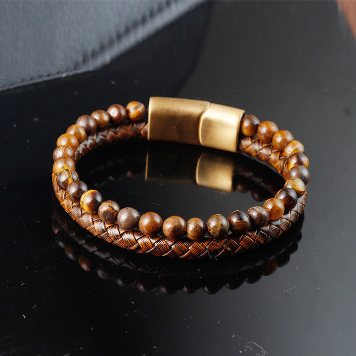 Bracelet en cuir et acier titane avec perles en œil de tigre Buddha Stones multicouches et boucle robuste