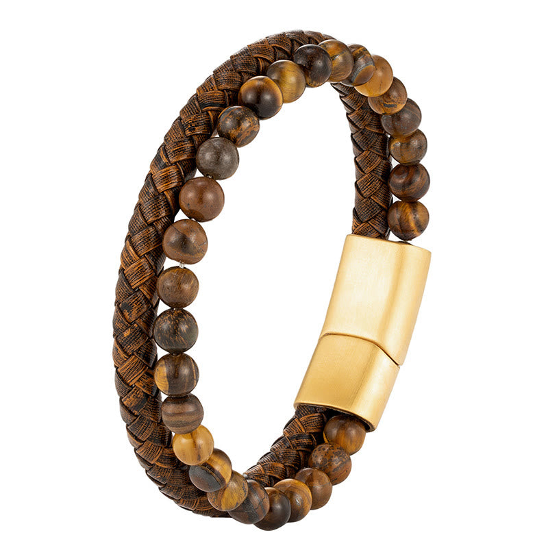 Bracelet en cuir et acier titane avec perles en œil de tigre Buddha Stones multicouches et boucle robuste