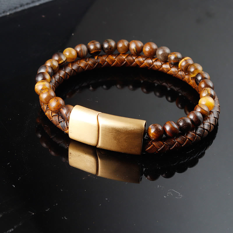 Bracelet en cuir et acier titane avec perles en œil de tigre Buddha Stones multicouches et boucle robuste