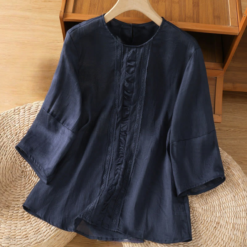 Chemise décontractée à manches trois-quarts en coton et lin pour femme, motif Buddha Stones, couleur unie, col ras du cou - Bleu nuit - US8-10,UK/AU12-14,EU40-42 (2XL) - image 0