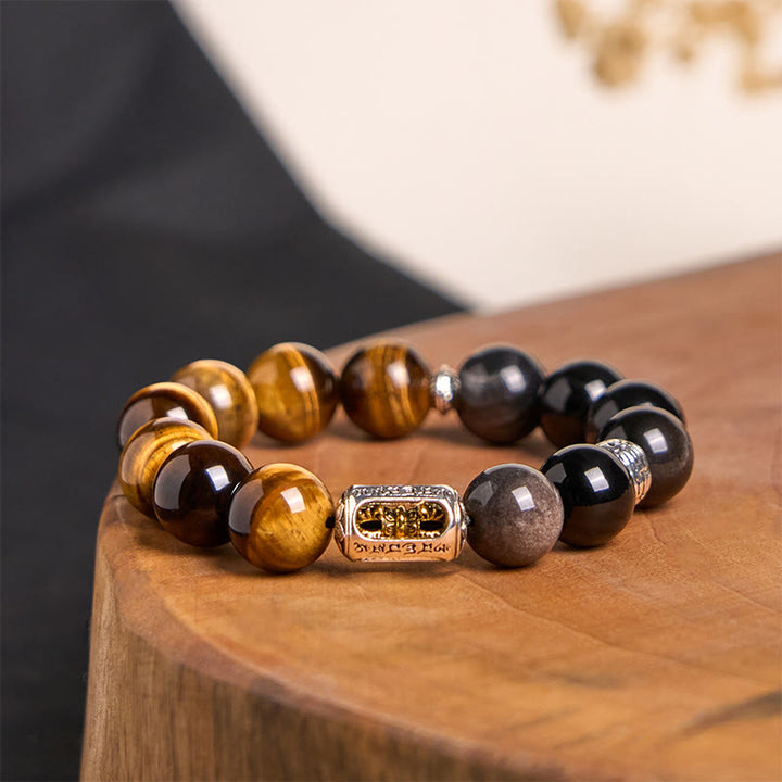 Bracelet de protection Vajra en obsidienne Buddha Stones de tigre et argent naturel