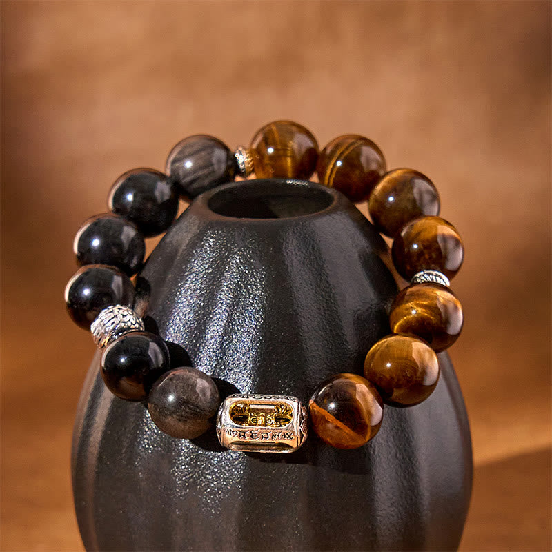 Bracelet de protection Vajra en obsidienne Buddha Stones de tigre et argent naturel