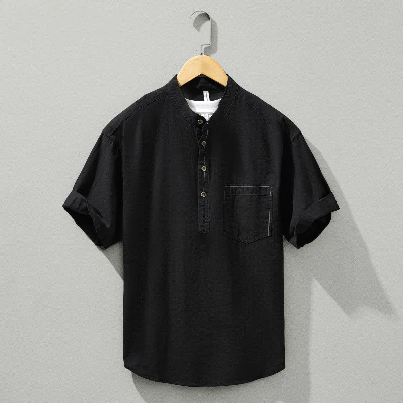 Chemise d'été en coton à manches courtes et demi-bouton pour homme Motif Buddha Stones