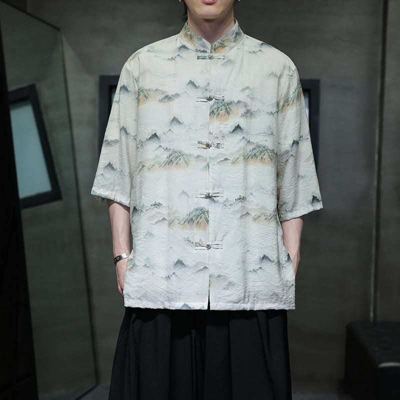 Chemise à manches mi-longues en coton et lin pour homme, Buddha Stones , peinture à l'encre, montagnes, costume chinois Tang à boutons de grenouille