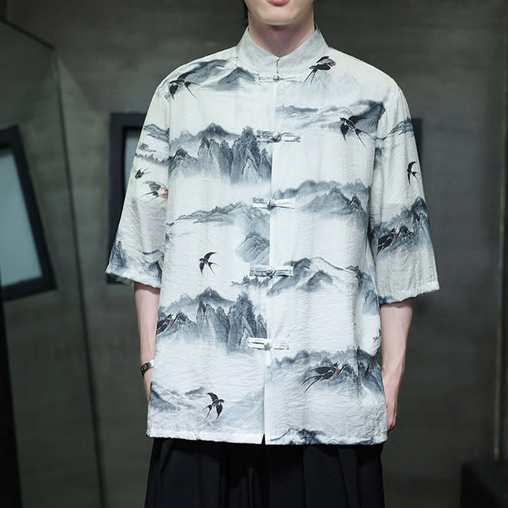 Chemise à manches mi-longues en coton et lin pour homme, Buddha Stones , peinture à l'encre, montagnes, costume chinois Tang à boutons de grenouille