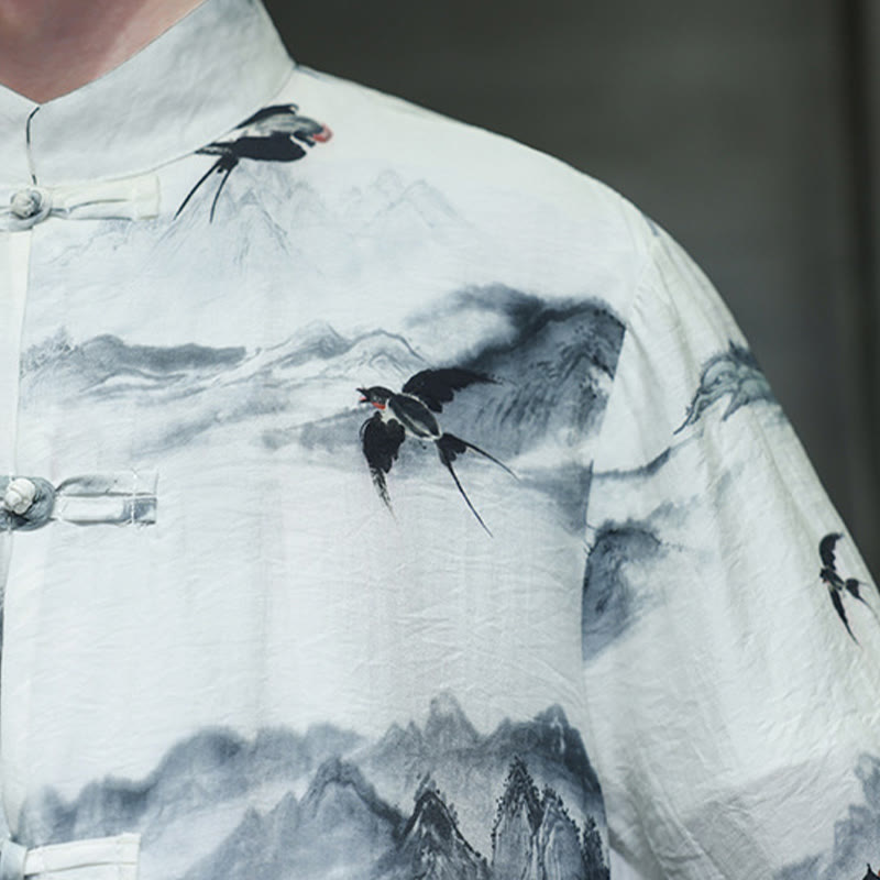 Chemise à manches mi-longues en coton et lin pour homme, Buddha Stones , peinture à l'encre, montagnes, costume chinois Tang à boutons de grenouille