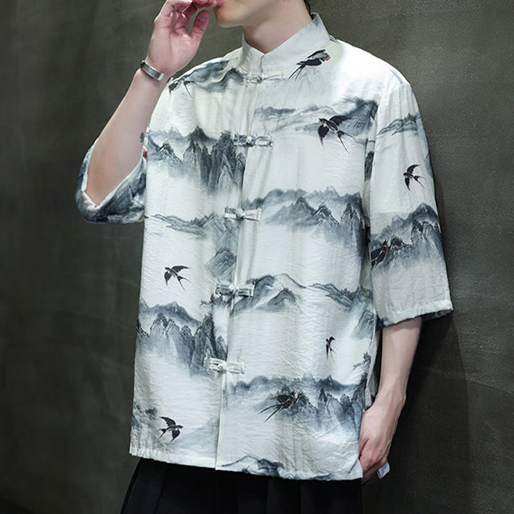 Chemise à manches mi-longues en coton et lin pour homme, Buddha Stones , peinture à l'encre, montagnes, costume chinois Tang à boutons de grenouille