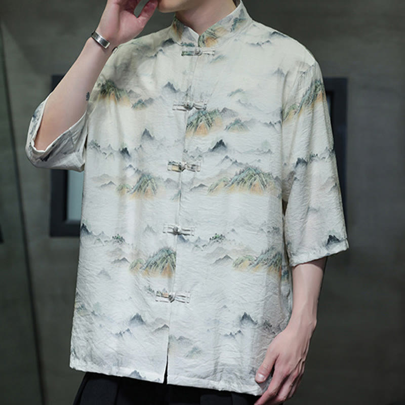 Chemise à manches mi-longues en coton et lin pour homme, Buddha Stones , peinture à l'encre, montagnes, costume chinois Tang à boutons de grenouille
