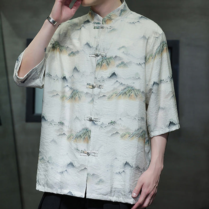 Chemise à manches mi-longues en coton et lin pour homme, Buddha Stones , peinture à l'encre, montagnes, costume chinois Tang à boutons de grenouille