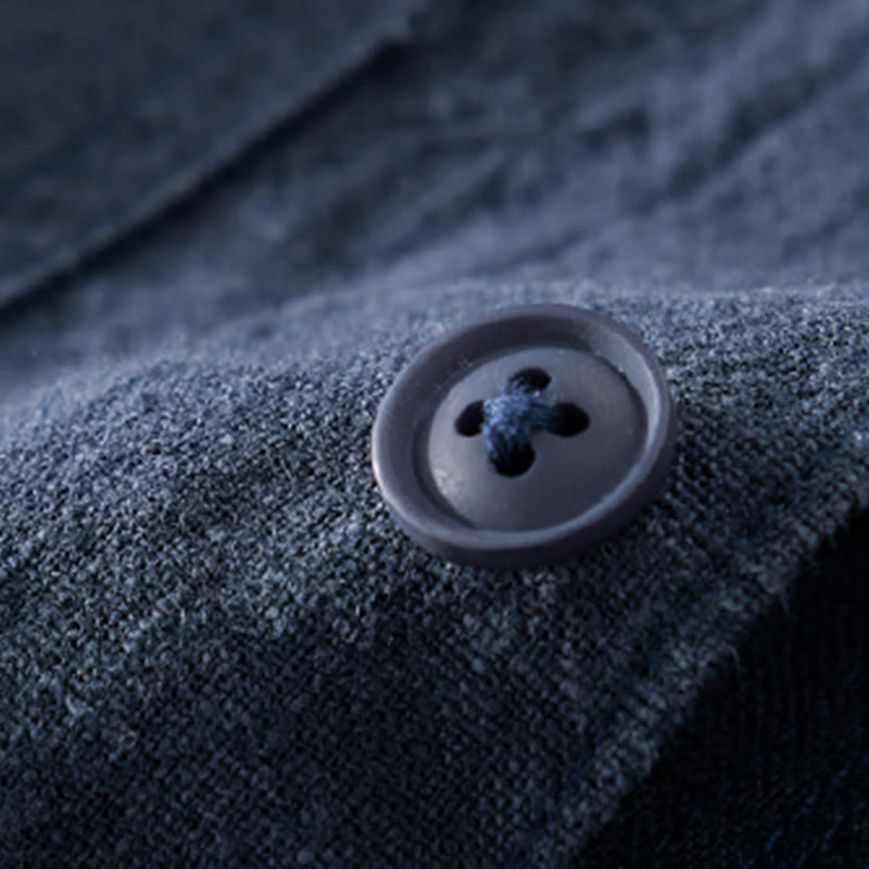 Chemise à manches longues en coton et lin pour homme, motif Buddha Stones, couleur unie, revers, avec poche - image 17