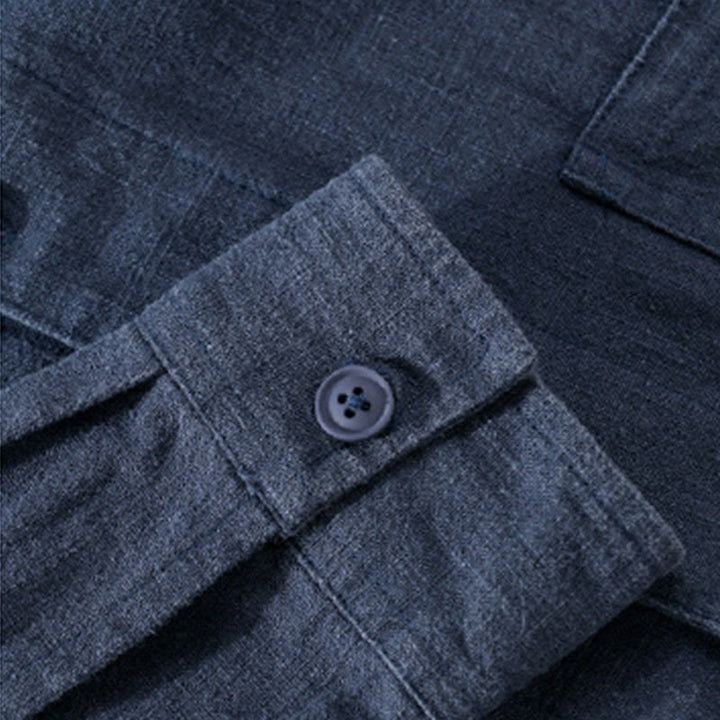 Chemise à manches longues en coton et lin pour homme, motif Buddha Stones, couleur unie, revers, avec poche - image 18