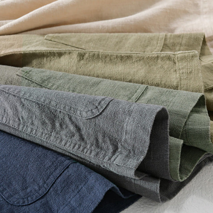 Chemise à manches longues en coton et lin pour homme, motif Buddha Stones, couleur unie, revers, avec poche - image 38