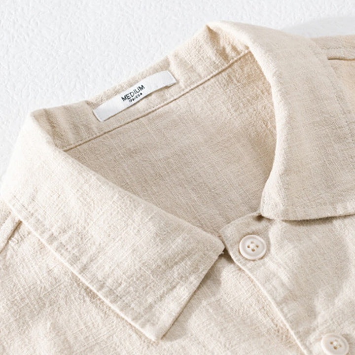 Chemise à manches longues en coton et lin pour homme, motif Buddha Stones, couleur unie, revers, avec poche - image 1