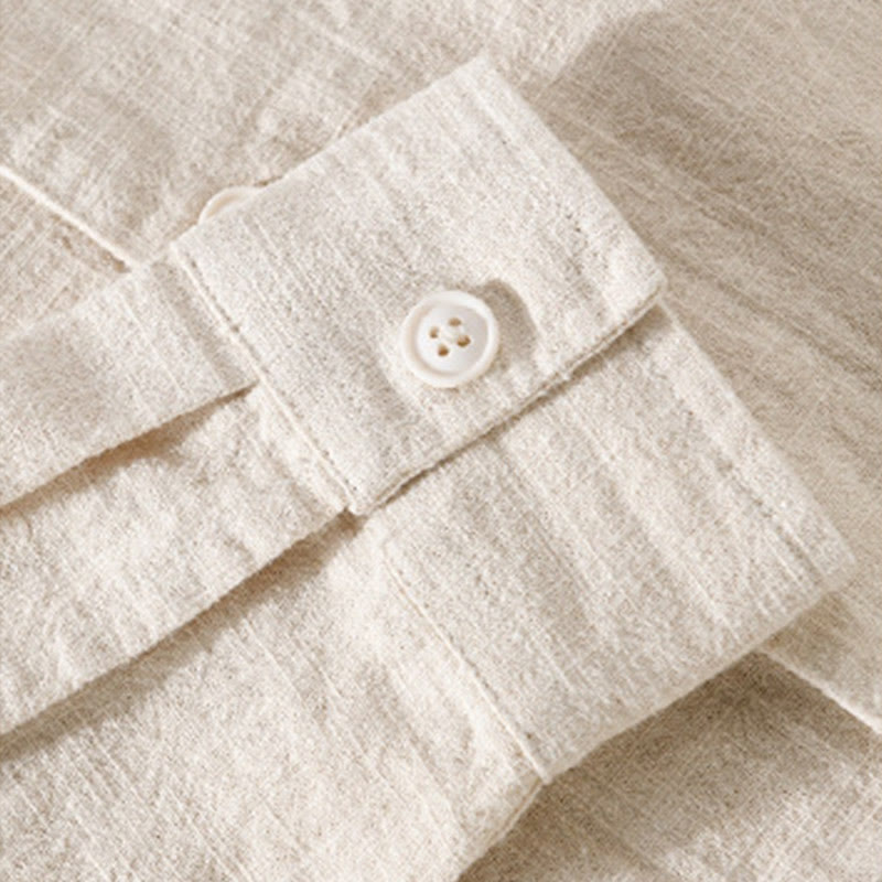 Chemise à manches longues en coton et lin pour homme, motif Buddha Stones, couleur unie, revers, avec poche - image 3