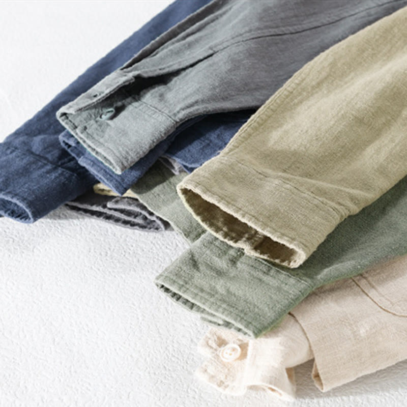 Chemise à manches longues en coton et lin pour homme, motif Buddha Stones, couleur unie, revers, avec poche - image 37