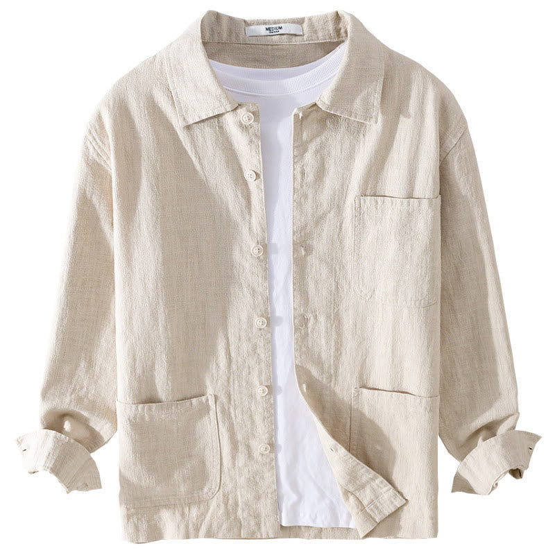 Chemise à manches longues en coton et lin pour homme, motif Buddha Stones, couleur unie, revers, avec poche - image 7