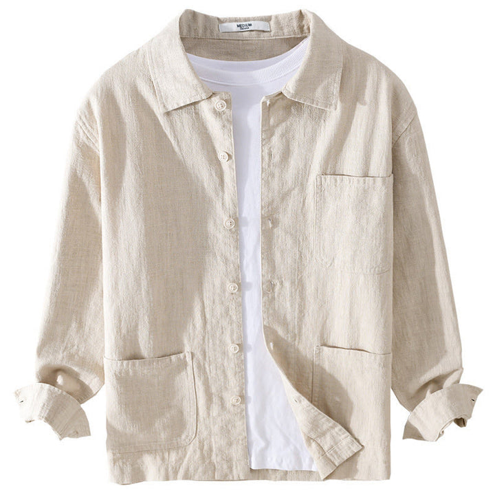 Chemise à manches longues en coton et lin pour homme, motif Buddha Stones, couleur unie, revers, avec poche - image 7