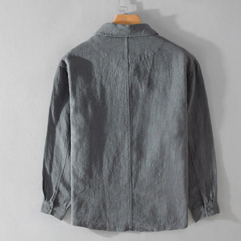 Chemise à manches longues en coton et lin pour homme, motif Buddha Stones, couleur unie, revers, avec poche - image 9