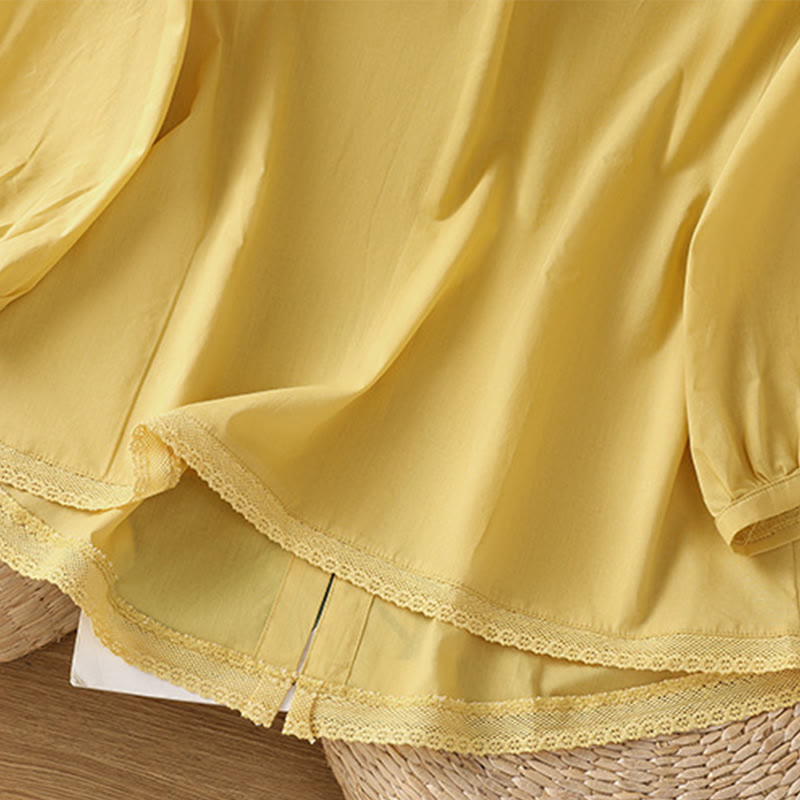 Chemise à col ras du cou en coton et lin à manches trois-quarts et simple boutonnage avec ourlet en dentelle et Buddha Stones - image 8