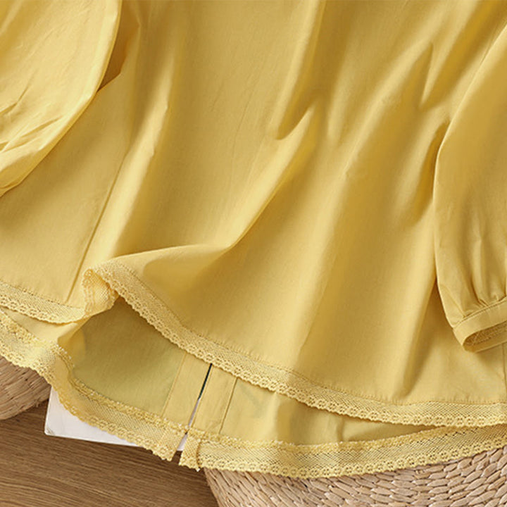 Chemise à col ras du cou en coton et lin à manches trois-quarts et simple boutonnage avec ourlet en dentelle et Buddha Stones - image 8