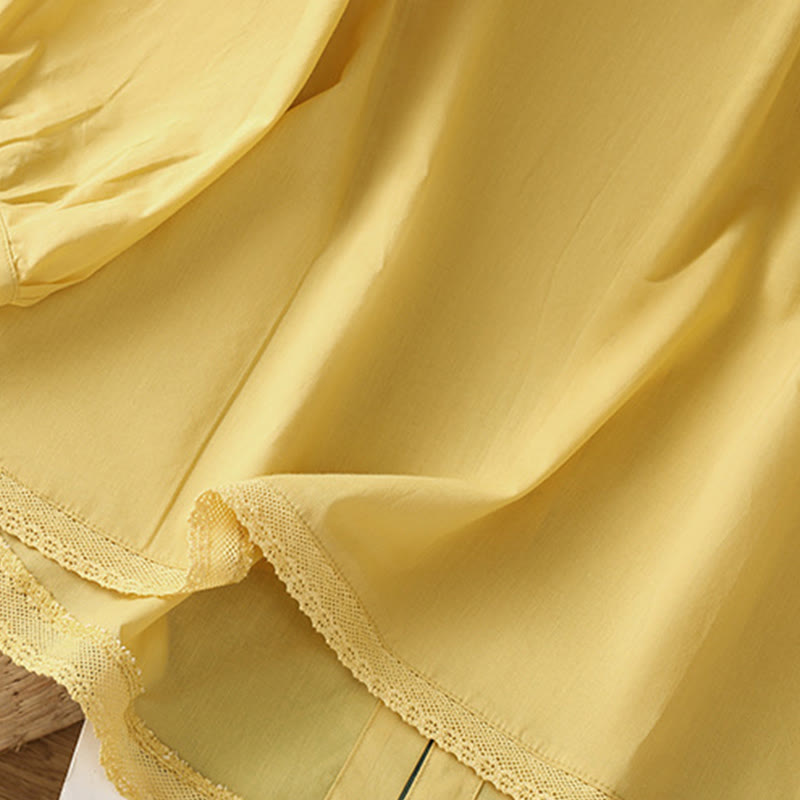 Chemise à col ras du cou en coton et lin à manches trois-quarts et simple boutonnage avec ourlet en dentelle et Buddha Stones - image 5