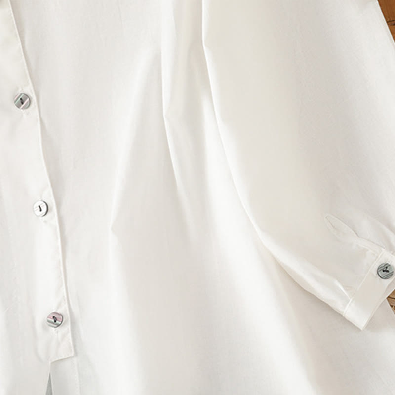 Chemise à col ras du cou en coton et lin à manches trois-quarts et simple boutonnage avec ourlet en dentelle et Buddha Stones - image 16