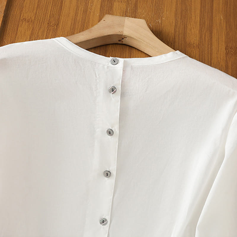 Chemise à col ras du cou en coton et lin à manches trois-quarts et simple boutonnage avec ourlet en dentelle et Buddha Stones - image 17