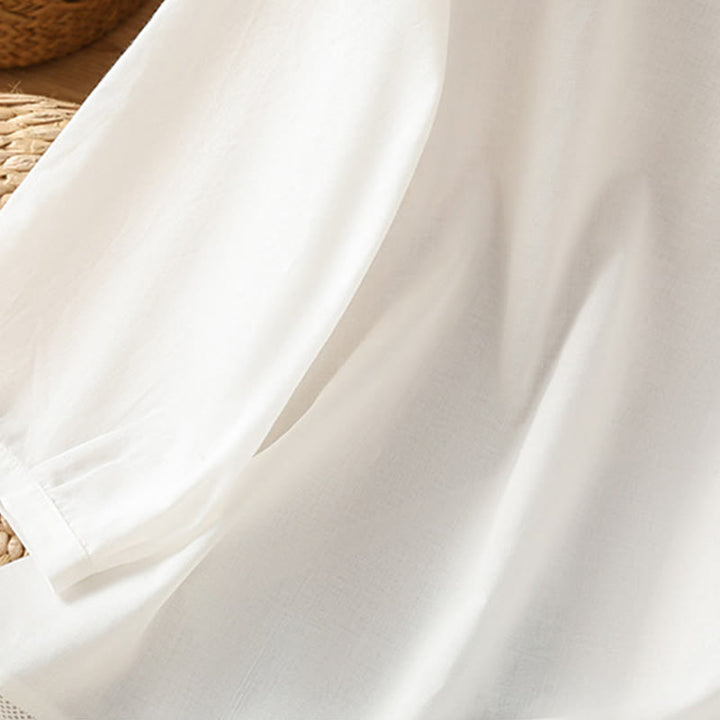 Chemise à col ras du cou en coton et lin à manches trois-quarts et simple boutonnage avec ourlet en dentelle et Buddha Stones - image 18