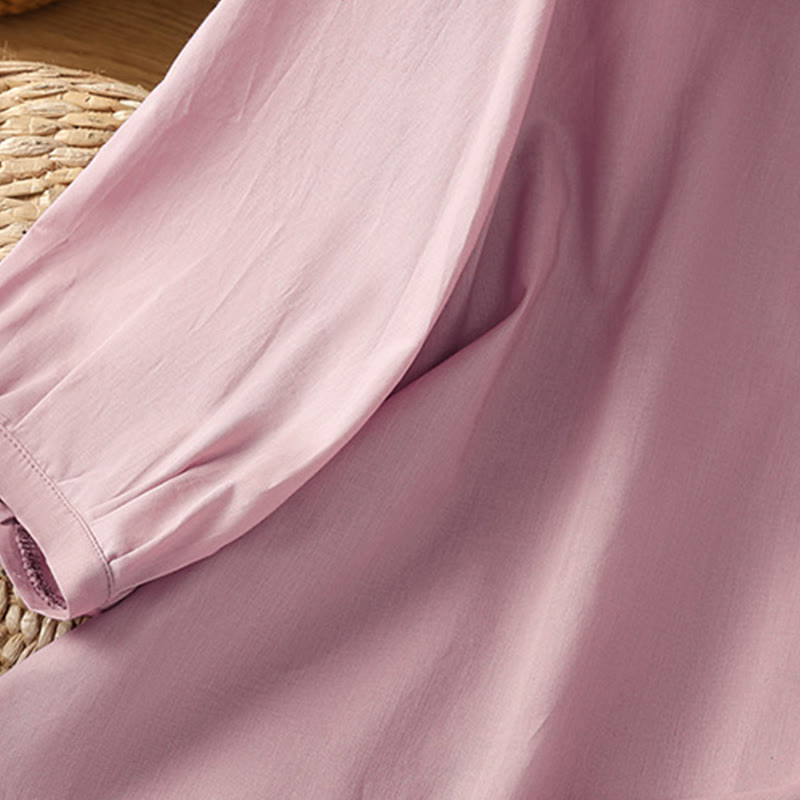 Chemise à col ras du cou en coton et lin à manches trois-quarts et simple boutonnage avec ourlet en dentelle et Buddha Stones - image 24