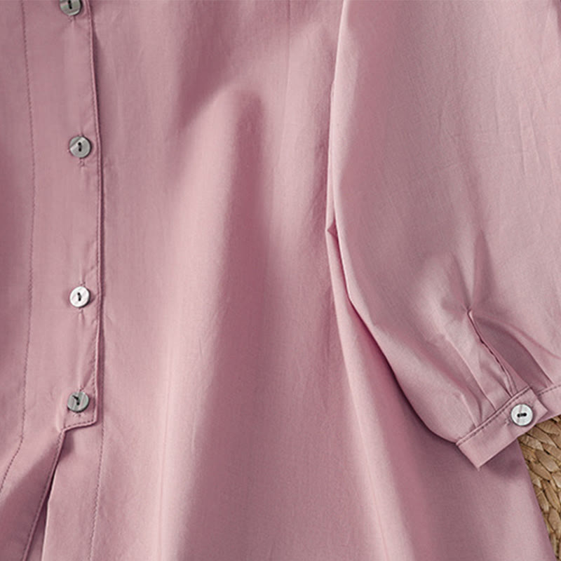 Chemise à col ras du cou en coton et lin à manches trois-quarts et simple boutonnage avec ourlet en dentelle et Buddha Stones - image 21