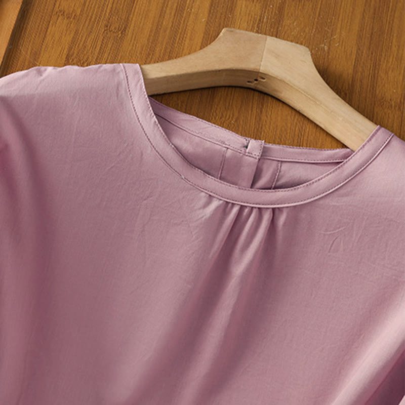 Chemise à col ras du cou en coton et lin à manches trois-quarts et simple boutonnage avec ourlet en dentelle et Buddha Stones - image 26