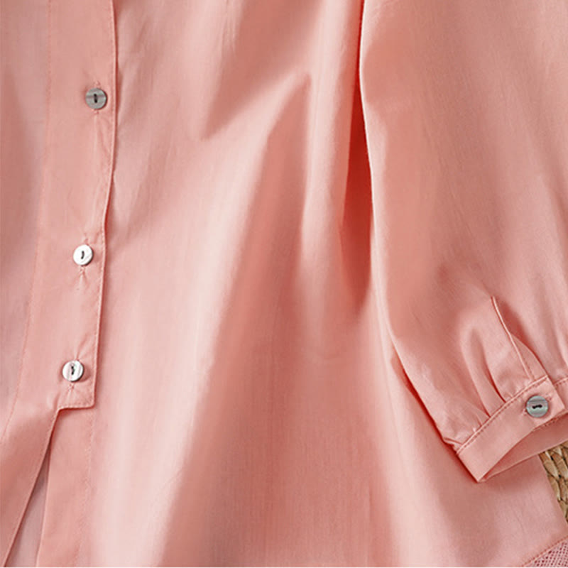 Chemise à col ras du cou en coton et lin à manches trois-quarts et simple boutonnage avec ourlet en dentelle et Buddha Stones - image 32