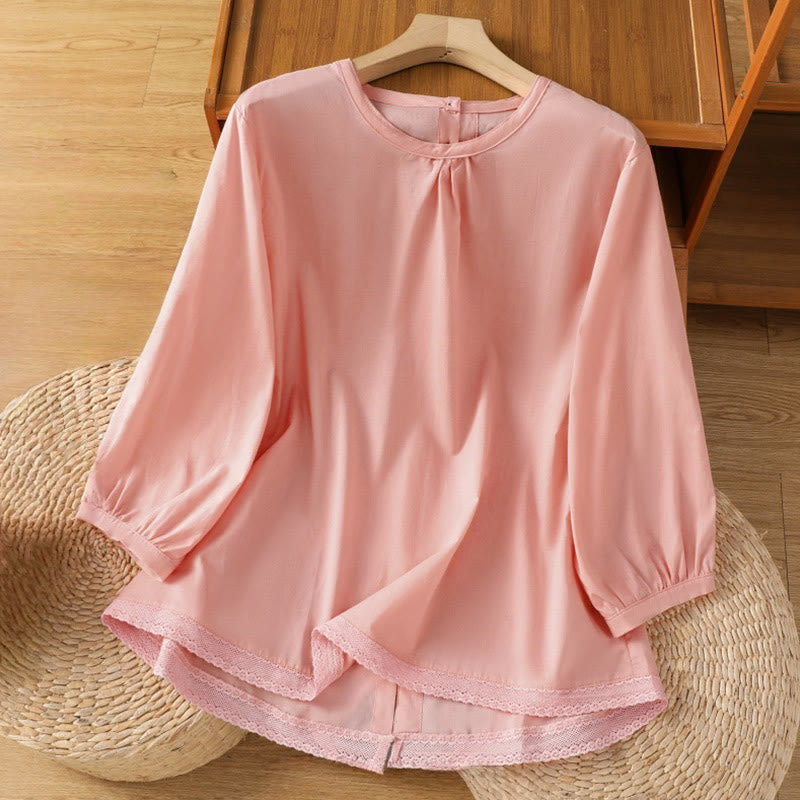 Chemise à col ras du cou en coton et lin à manches trois-quarts et simple boutonnage avec ourlet en dentelle et Buddha Stones - Rose - US14,UK/AU18,EU46 (2XL) - image 27