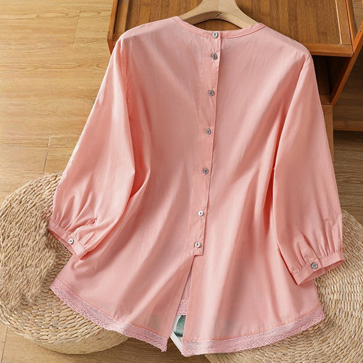 Chemise à col ras du cou en coton et lin à manches trois-quarts et simple boutonnage avec ourlet en dentelle et Buddha Stones - image 28