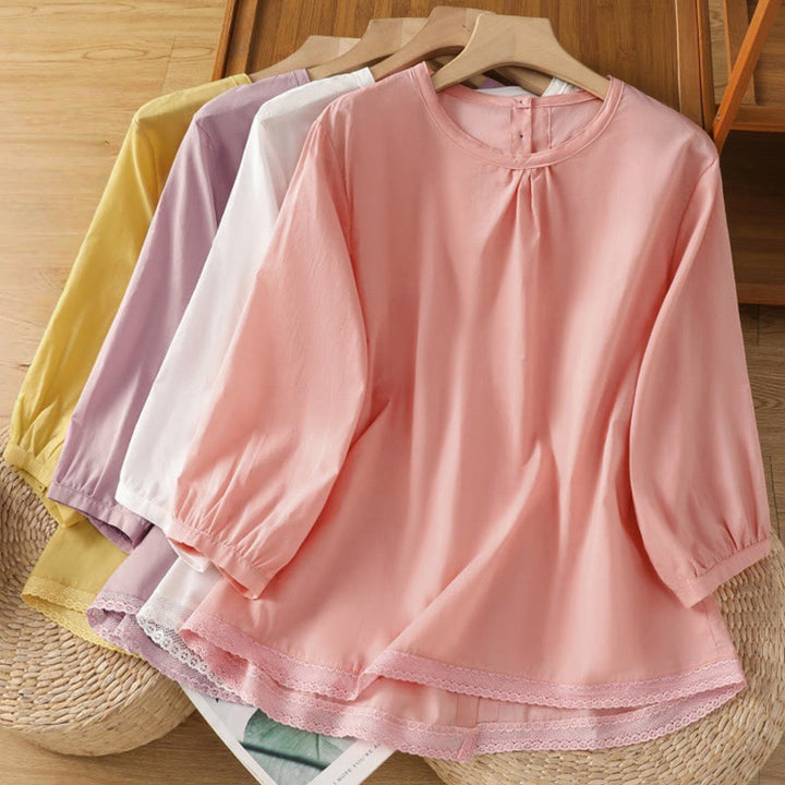 Chemise à col ras du cou en coton et lin à manches trois-quarts et simple boutonnage avec ourlet en dentelle et Buddha Stones - image 37