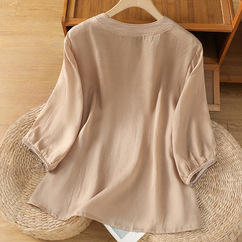 Chemise décontractée à manches mi-longues et col montant pour femme, en coton et polyester, avec broderie Buddha Stones et boutons grenouille - image 2