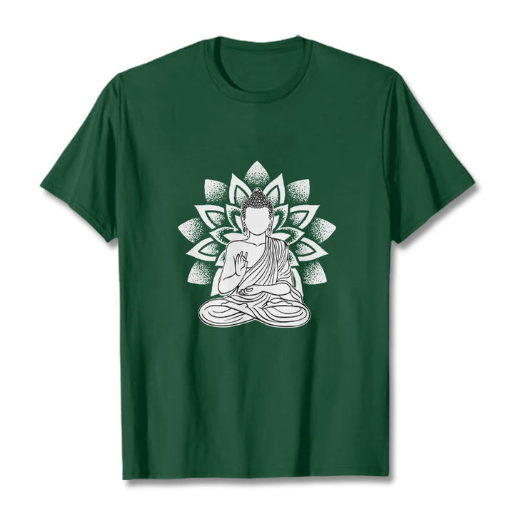 T-shirt à motif de fleurs de lotus et de Buddha Stones assis - Forêt Verte - 2XL - image 1