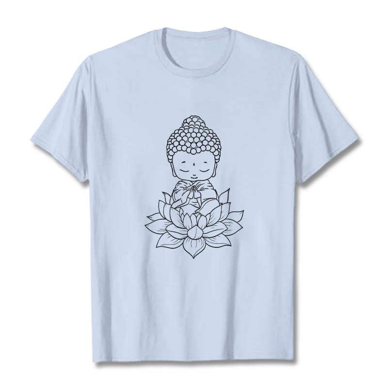 T-shirt à motif de fleurs de lotus et de Buddha Stones paisibles - Cyan clair - 2XL - image 19