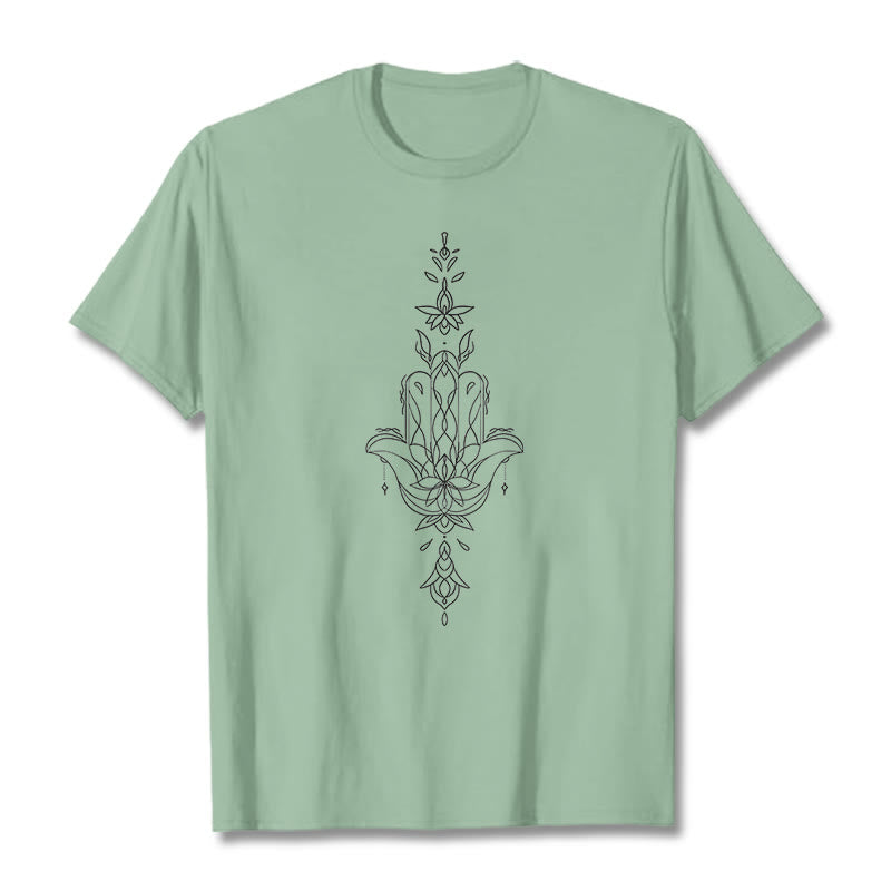 T-shirt à motif de fleur de lotus et de main de Fatima avec Buddha Stones - Vert pâle - 2XL - image 16