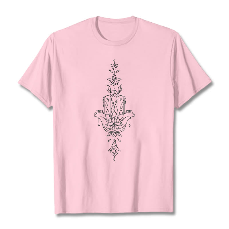 T-shirt à motif de fleur de lotus et de main de Fatima avec Buddha Stones - Rose clair - 2XL - image 14
