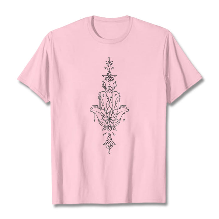 T-shirt à motif de fleur de lotus et de main de Fatima avec Buddha Stones - Rose clair - 2XL - image 14