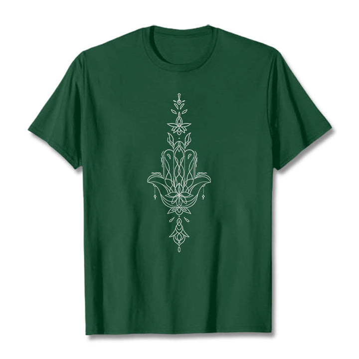 T-shirt à motif de fleur de lotus et de main de Fatima avec Buddha Stones - Forêt Verte - 2XL - image 12