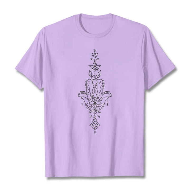T-shirt à motif de fleur de lotus et de main de Fatima avec Buddha Stones - Prune - 2XL - image 18