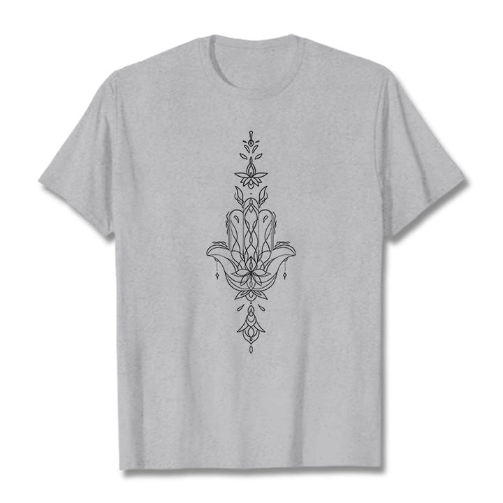 T-shirt à motif de fleur de lotus et de main de Fatima avec Buddha Stones - Gris clair - 2XL - image 20