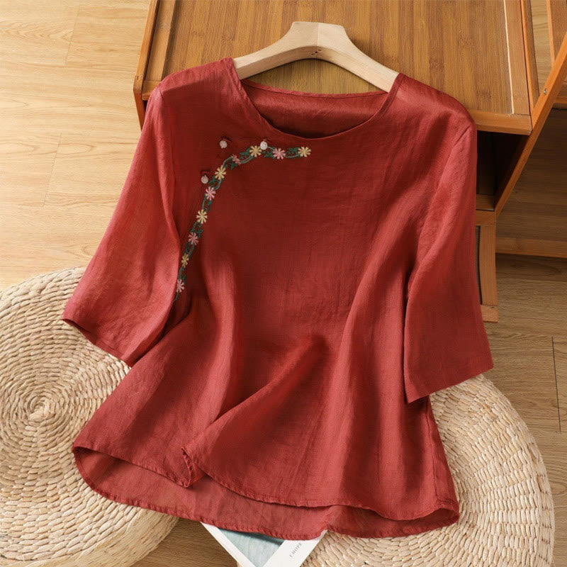 Chemise décontractée à manches mi-longues et col ras du cou pour femme, en coton et polyester, avec broderies florales et Buddha Stones - Brique réfractaire - US14,UK/AU18,EU46 (2XL) - image 0